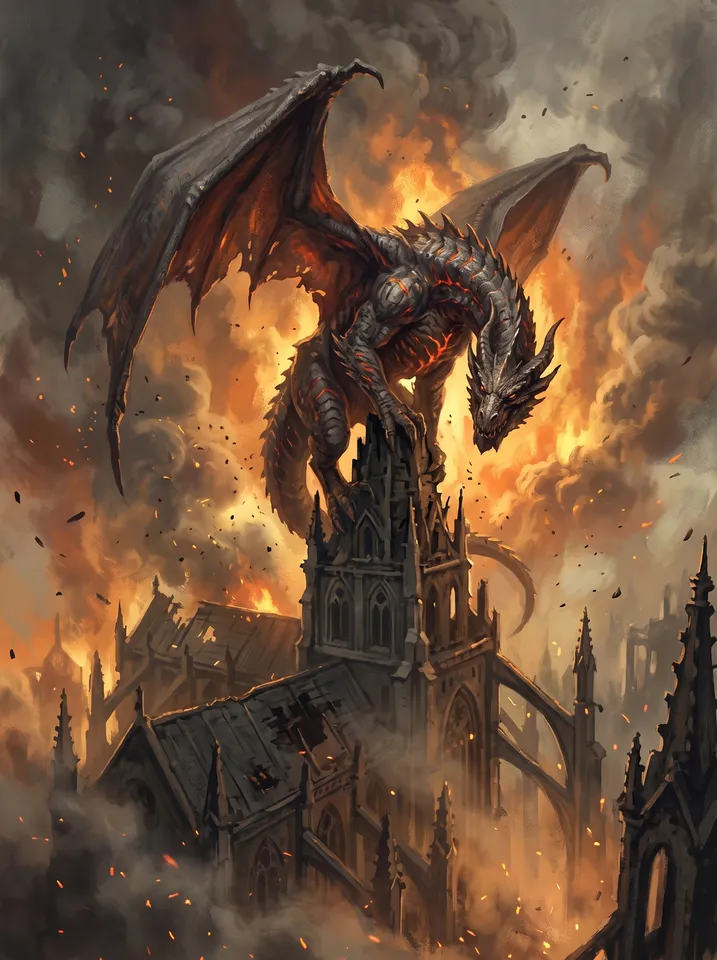Plate II from the Illustrated book workflow, made for “Plates for a dark fantasy book about dragons nesting in a ruined cathedral city”