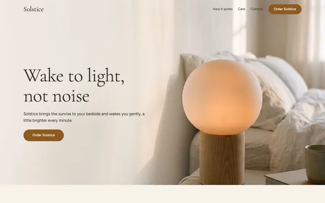 Landing page from the Landing page workflow, made for “A landing page for Solstice, a sunrise alarm lamp that wakes you gently with light”