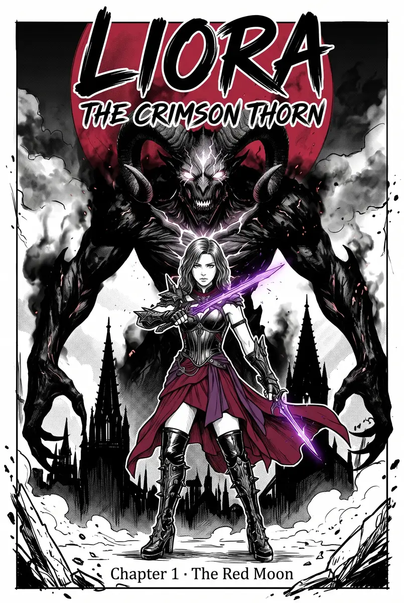 Cover from the Manga chapter workflow, made for “A lamplighter’s daughter in a city under a red moon finds her father’s lantern can burn the demons”