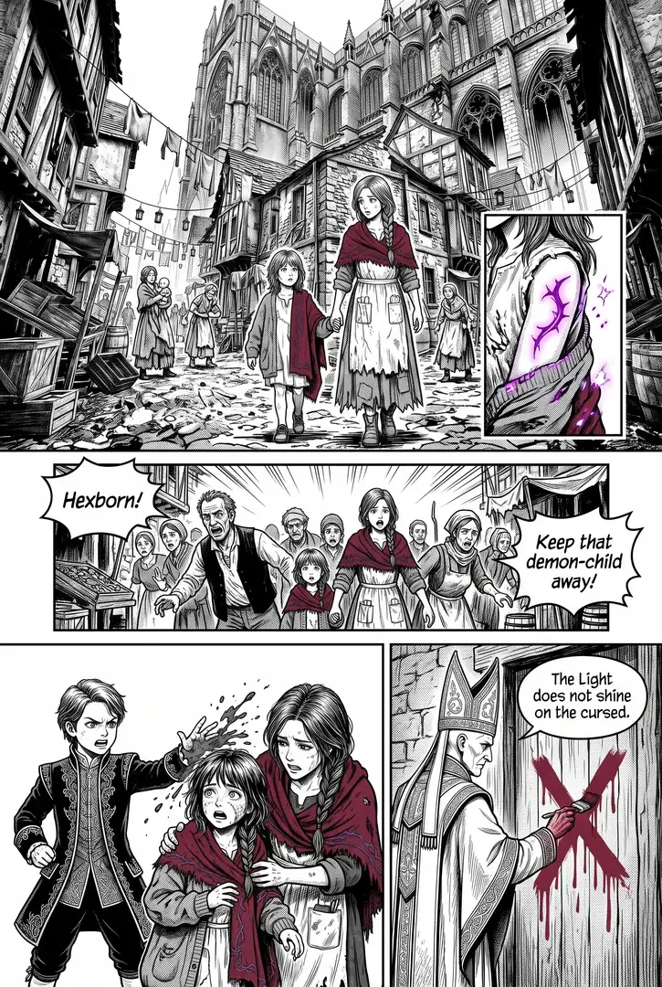 Page 1 from the Manga chapter workflow, made for “A lamplighter’s daughter in a city under a red moon finds her father’s lantern can burn the demons”