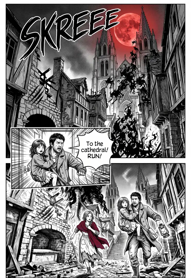 Page 2 from the Manga chapter workflow, made for “A lamplighter’s daughter in a city under a red moon finds her father’s lantern can burn the demons”