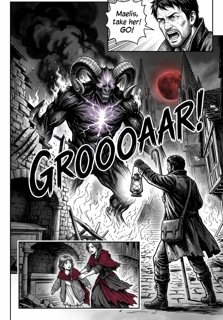 Page 3 from the Manga chapter workflow, made for “A lamplighter’s daughter in a city under a red moon finds her father’s lantern can burn the demons”
