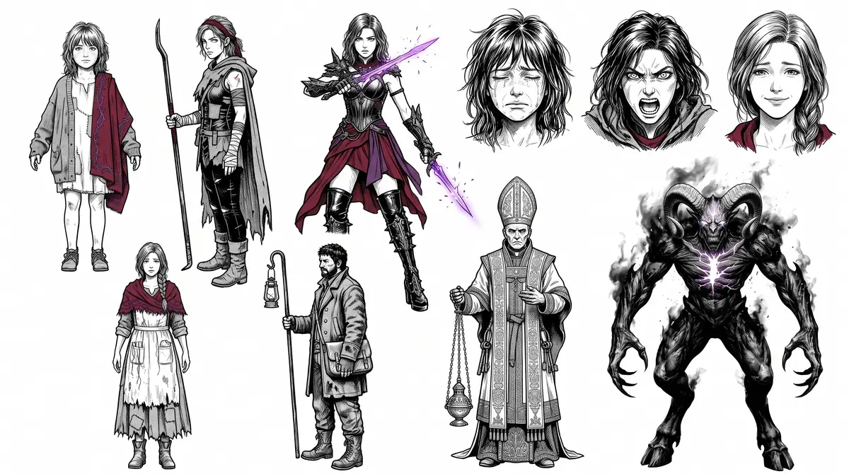 Character sheet from the Manga chapter workflow, made for “A lamplighter’s daughter in a city under a red moon finds her father’s lantern can burn the demons”