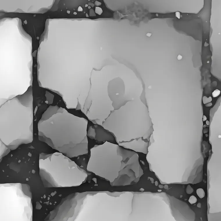 Height map from the Material maps to Three.js workflow, made for “Worn cathedral flagstones with ash in the seams, lit by a moving torch at night”