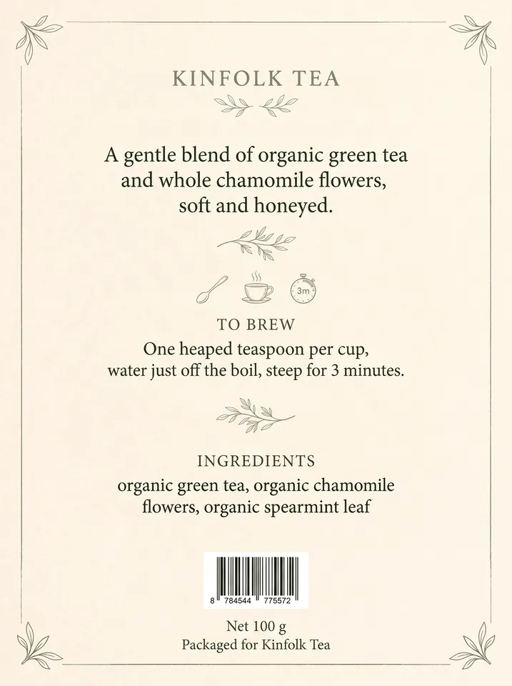 Back from the Packaging design workflow, made for “Packaging for Kinfolk Tea, an organic loose-leaf tea in a tin: calm, botanical, sage and cream”