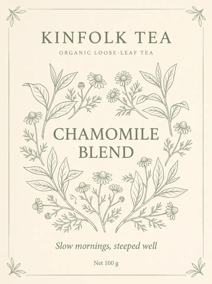 Front from the Packaging design workflow, made for “Packaging for Kinfolk Tea, an organic loose-leaf tea in a tin: calm, botanical, sage and cream”