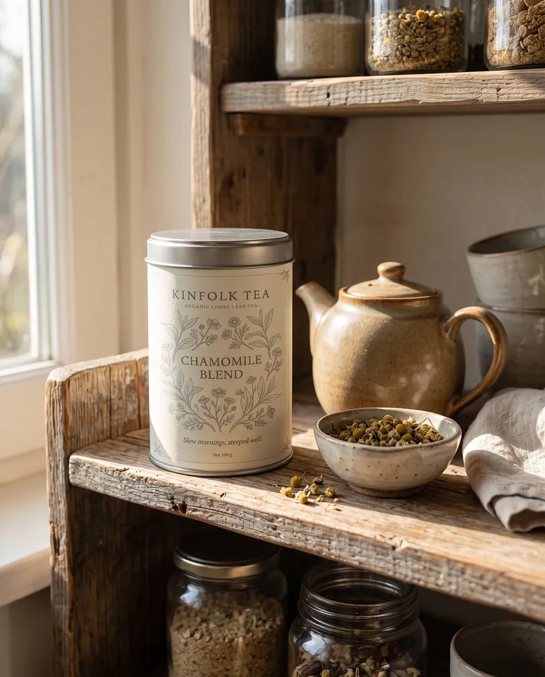 In use from the Packaging design workflow, made for “Packaging for Kinfolk Tea, an organic loose-leaf tea in a tin: calm, botanical, sage and cream”