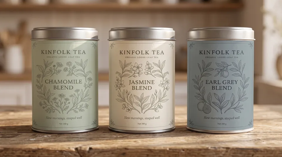 Range from the Packaging design workflow, made for “Packaging for Kinfolk Tea, an organic loose-leaf tea in a tin: calm, botanical, sage and cream”
