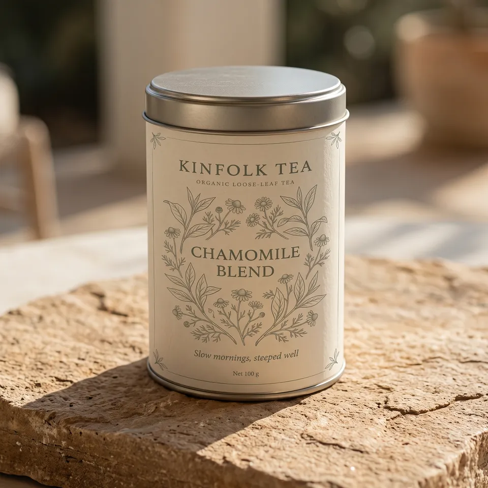 Pack shot from the Packaging design workflow, made for “Packaging for Kinfolk Tea, an organic loose-leaf tea in a tin: calm, botanical, sage and cream”