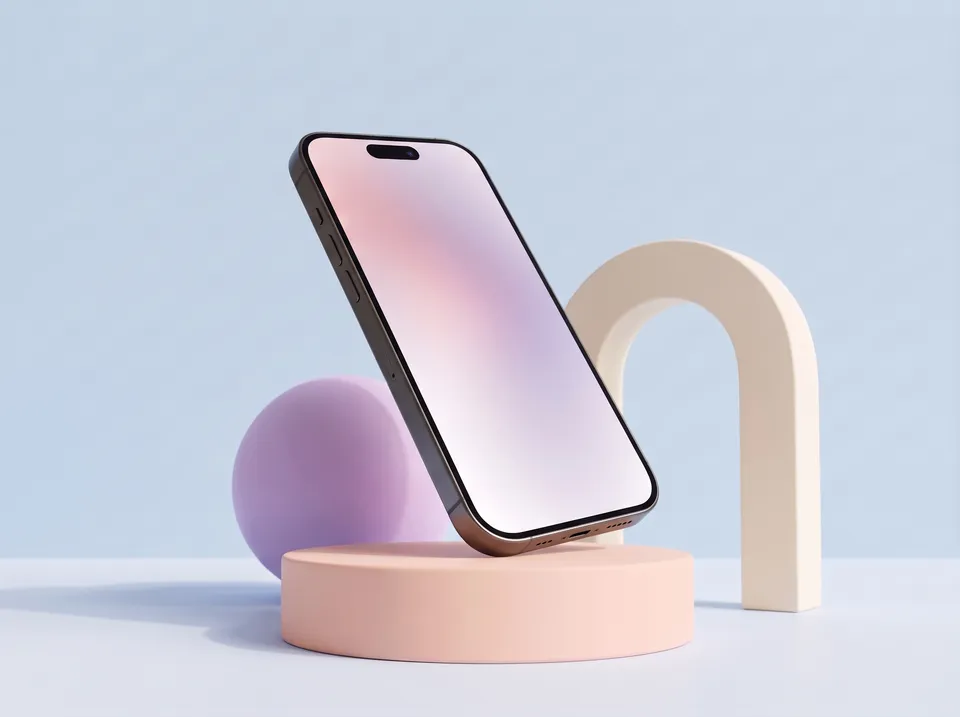 Second angle from the Product photoshoot workflow, made for “Our new phone on soft pastel podiums and an arch, for the launch page”