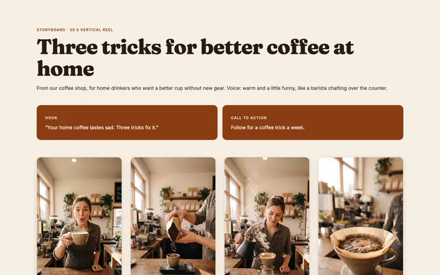 Storyboard from the Reel planner workflow, made for “A 30-second Reel for our coffee shop: three tricks for better coffee at home”