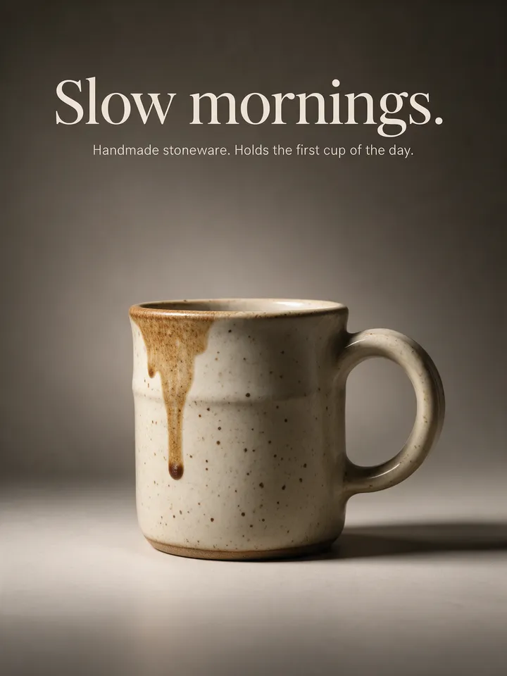 Studio hero from the Social campaign workflow, made for “Launch posts for my handmade stoneware mug: three posters, a coffee pour shot and a post for every platform”