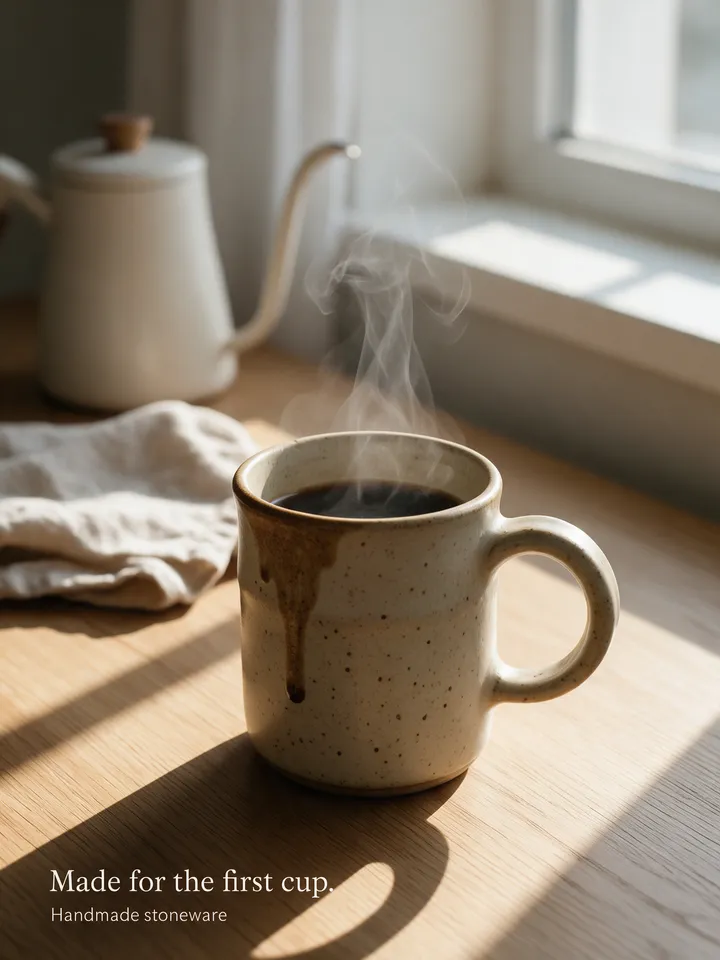 In its world from the Social campaign workflow, made for “Launch posts for my handmade stoneware mug: three posters, a coffee pour shot and a post for every platform”