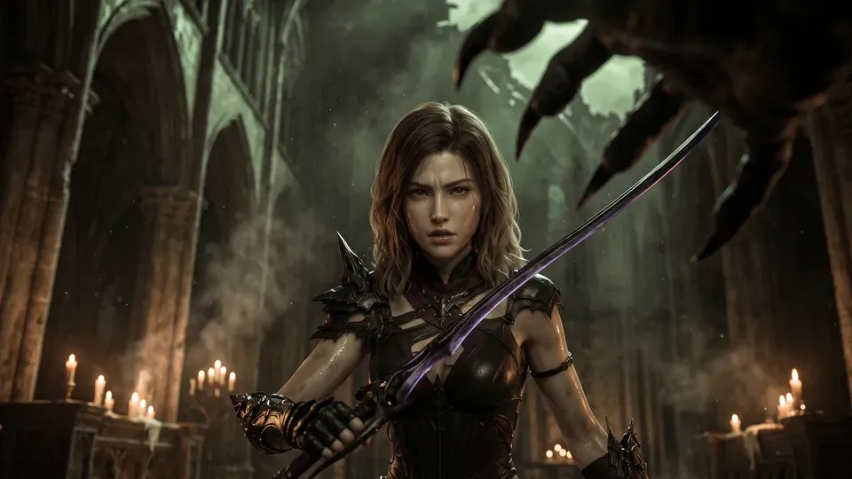 Keyframe 1 from the Story video workflow, made for “A swordswoman in a red cloak holds a ruined cathedral against an ice demon at dawn”