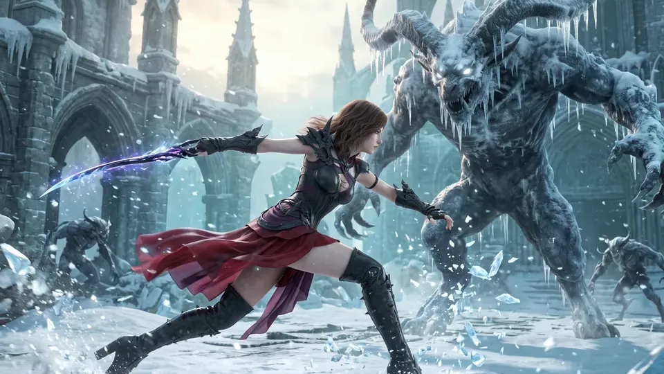 Keyframe 2 from the Story video workflow, made for “A swordswoman in a red cloak holds a ruined cathedral against an ice demon at dawn”