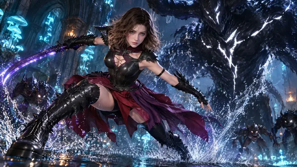 Keyframe 3 from the Story video workflow, made for “A swordswoman in a red cloak holds a ruined cathedral against an ice demon at dawn”