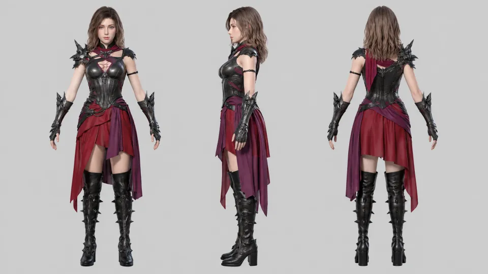 Character sheet from the Story video workflow, made for “A swordswoman in a red cloak holds a ruined cathedral against an ice demon at dawn”