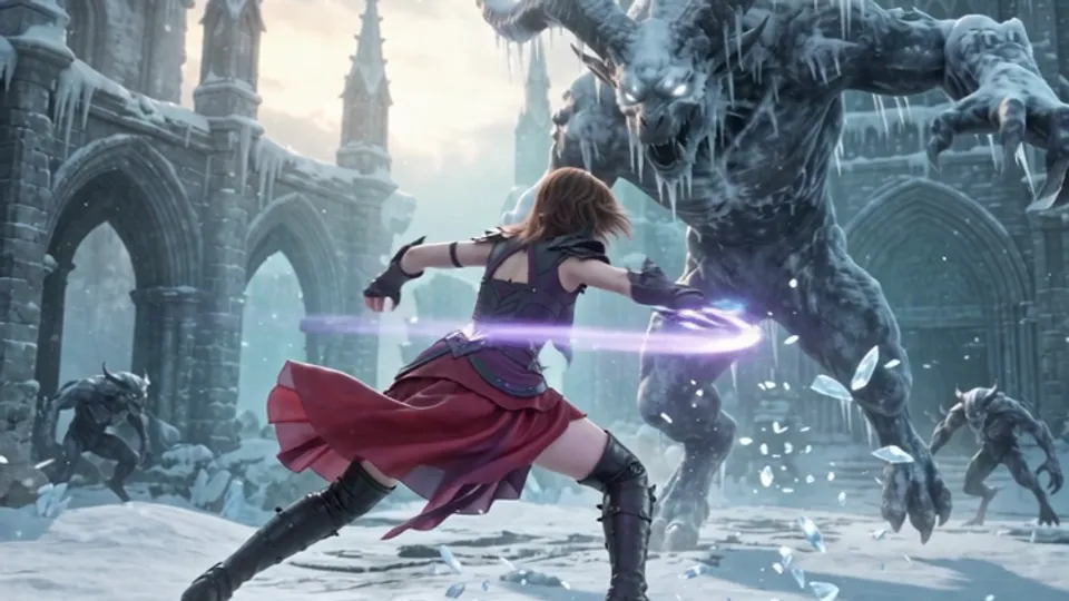 Shot 2 from the Story video workflow, made for “A swordswoman in a red cloak holds a ruined cathedral against an ice demon at dawn”