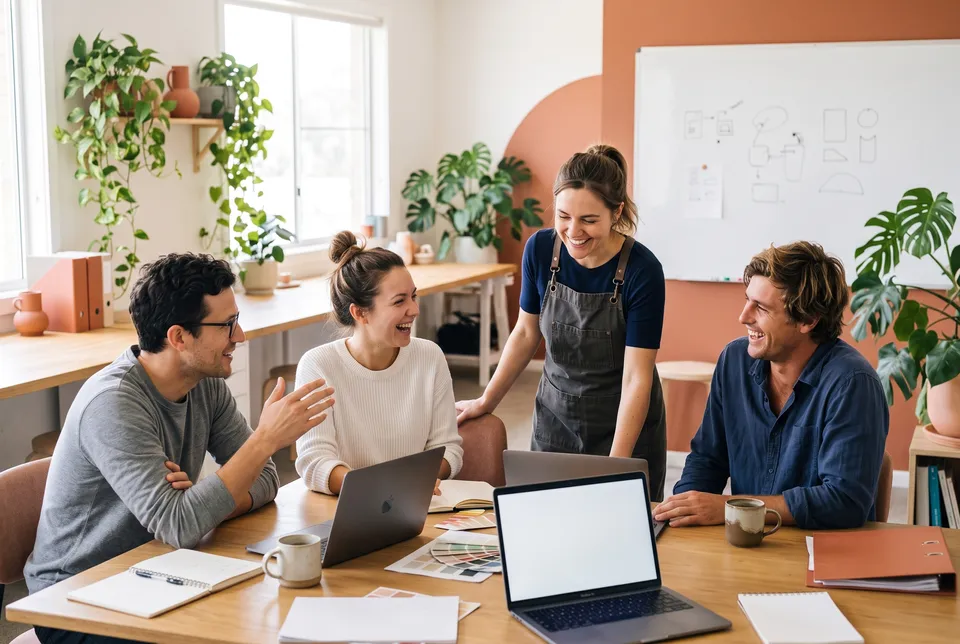 Candid from the Team photo workflow, made for “A team photo for our about page: four people at a small design studio, relaxed and friendly”