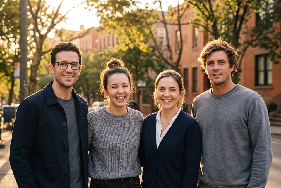 Outdoor from the Team photo workflow, made for “A team photo for our about page: four people at a small design studio, relaxed and friendly”
