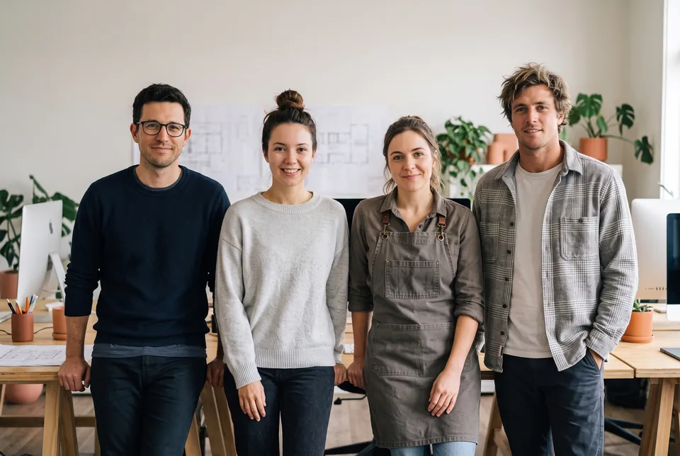 At work from the Team photo workflow, made for “A team photo for our about page: four people at a small design studio, relaxed and friendly”