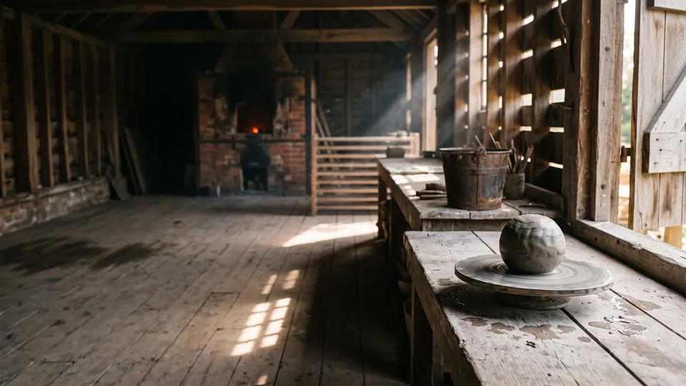 Key art from the Three.js landing page workflow, made for “Ashgrove, a wood-fired pottery: scroll through its kiln shed from wet clay on the wheel to a tea bowl out of the fire”