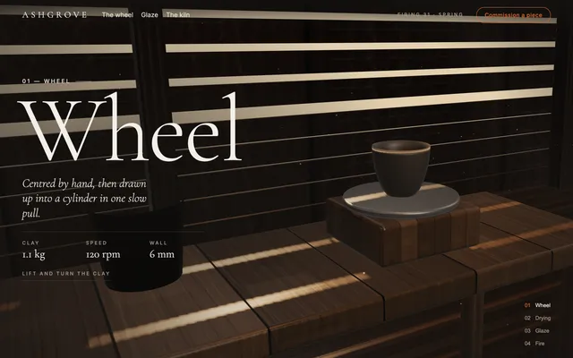 Landing page from the Three.js landing page workflow, made for “Ashgrove, a wood-fired pottery: scroll through its kiln shed from wet clay on the wheel to a tea bowl out of the fire”