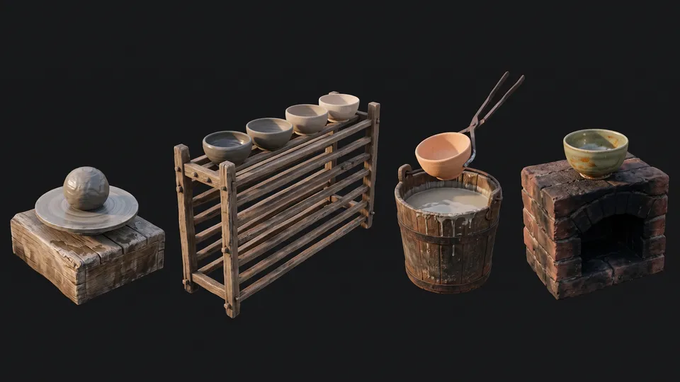 Pieces from the Three.js landing page workflow, made for “Ashgrove, a wood-fired pottery: scroll through its kiln shed from wet clay on the wheel to a tea bowl out of the fire”