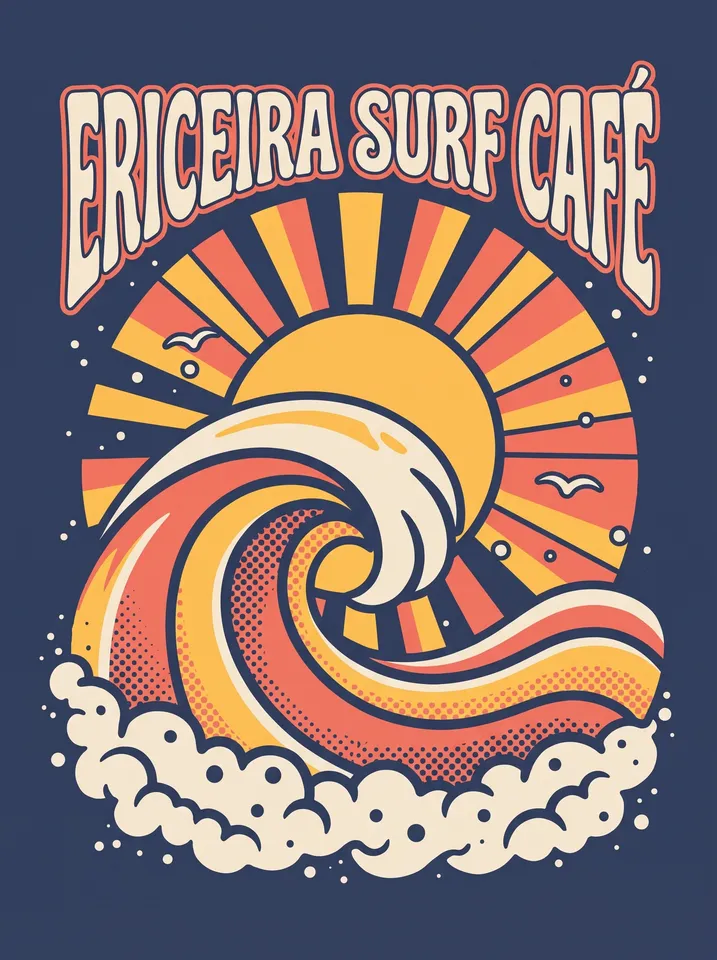 Back print from the T-shirt design workflow, made for “A tee for our surf café in Ericeira: a small wave on the front, a big retro sun and wave on the back”