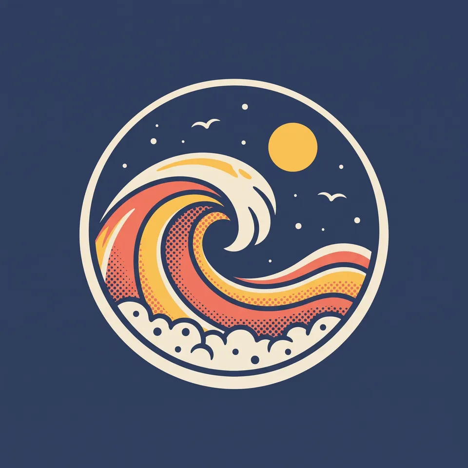 Front print from the T-shirt design workflow, made for “A tee for our surf café in Ericeira: a small wave on the front, a big retro sun and wave on the back”