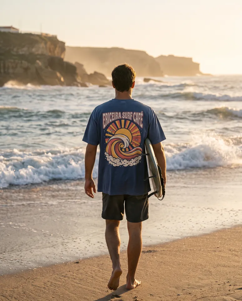 Back on shirt from the T-shirt design workflow, made for “A tee for our surf café in Ericeira: a small wave on the front, a big retro sun and wave on the back”