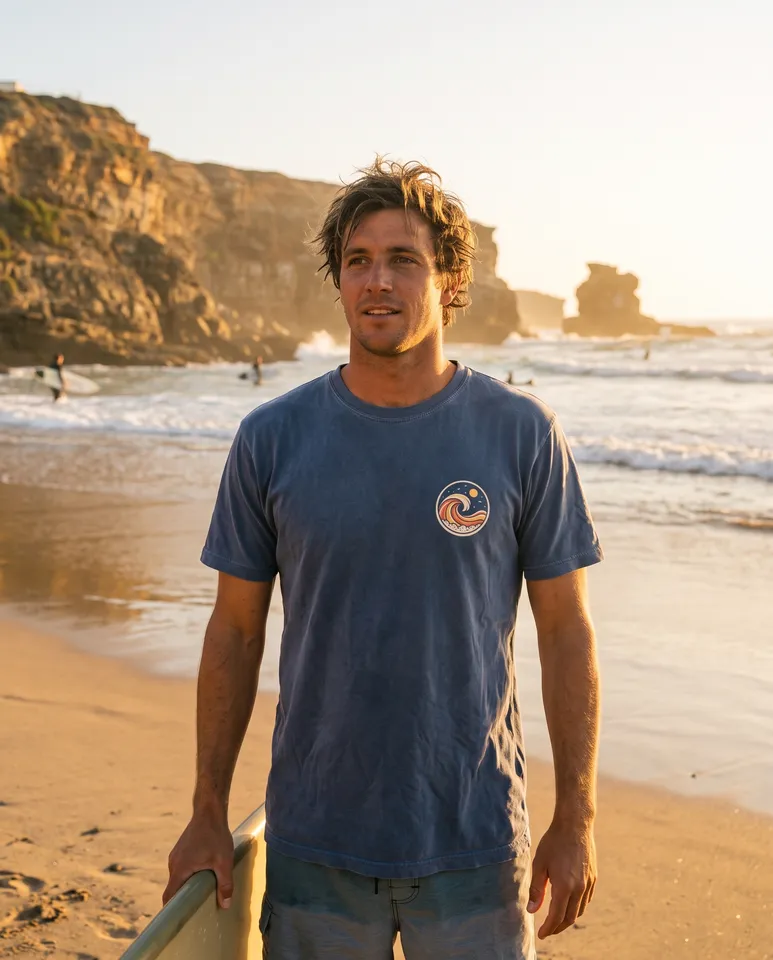 Front on shirt from the T-shirt design workflow, made for “A tee for our surf café in Ericeira: a small wave on the front, a big retro sun and wave on the back”
