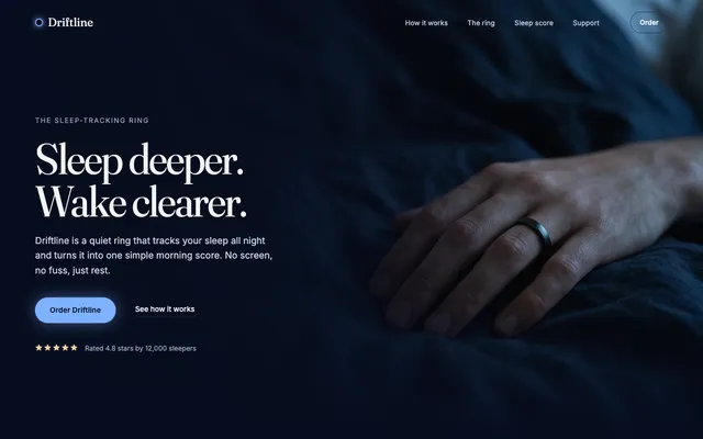 Hero section from the Website hero workflow, made for “The hero for Driftline, a sleep-tracking ring: dark, calm and premium, the ring in soft night light”