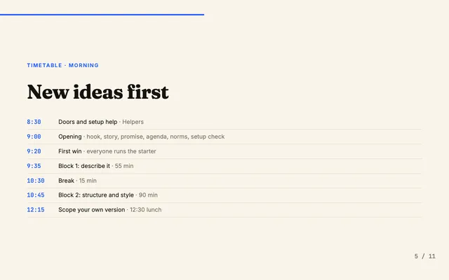 Slides from the Workshop day workflow, made for “A one-day workshop teaching designers to build a web app with AI coding agents, for 20 people”